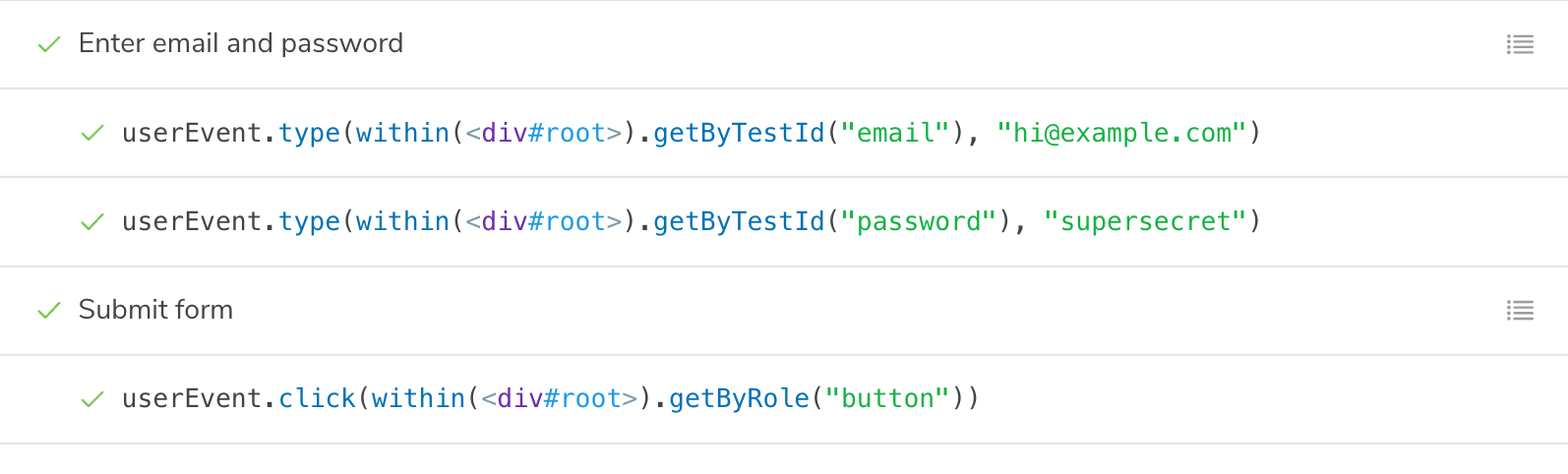 Component testing with labeled steps